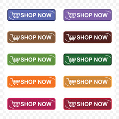 Shop now. Set of  buy now button with shopping cart. Modern collection for web site. Online shopping. Click here, apply, buttons hand pointer clicking. Web design elements.