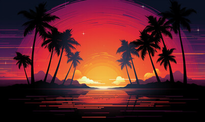 tropical sunset with palm trees retro 80s background