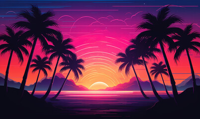 Fototapeta na wymiar sunset on the beach retro 80s background
