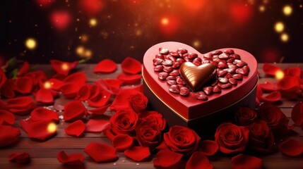  a heart shaped box filled with chocolates surrounded by red roses on a wooden table with lights in the background.
