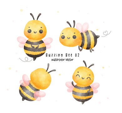 Set of Cute baby honey bee watercolor cartoon character hand painting illustration vector.