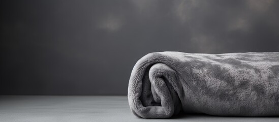 Grey coral fleece throw rolled up for comfort, isolated on grey background.