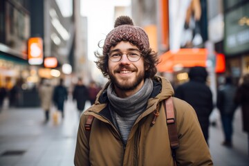 Handsome young man with a beard and glasses in the city
