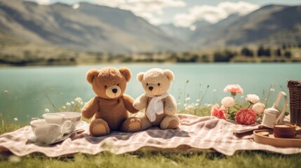  two teddy bears sitting next to each other on a blanket near a body of water with mountains in the background.