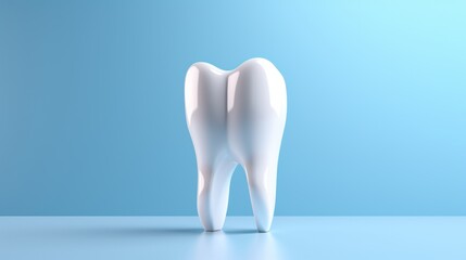  a tooth shaped like a human standing in front of a blue background with a light reflection on the bottom part of the tooth. - obrazy, fototapety, plakaty