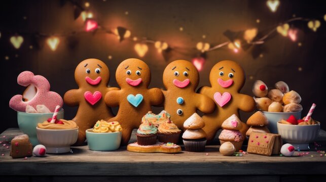  a group of gingerbread men standing next to a table filled with cupcakes and cupcakes on top of a table.