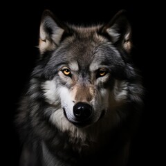  a close up of a wolf's face with an intense look on it's face, against a black background.