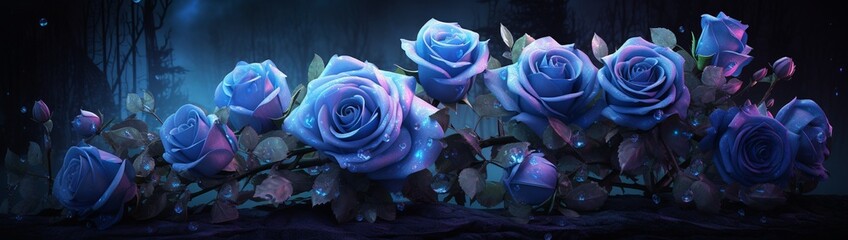 Rare blue roses blooming under moonlight's gentle caress.