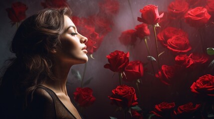  a woman with her eyes closed standing in front of a bunch of red roses, with her eyes closed, in front of a dark background of red roses.