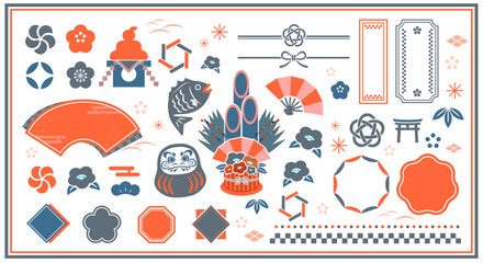 和モチーフのあしらいセット。水引や門松などのイラストやアイコンセット