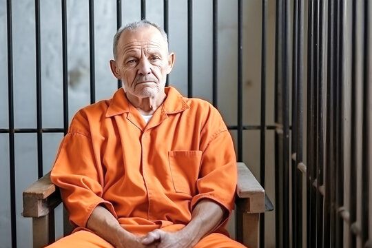 An elderly criminal in an orange uniform sits on a prison bed and thinks about freedom. A guilty prisoner in a pre-trial detention center or correctional facility.