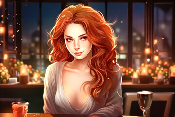 A woman sits at a bar with a glass of cocktail in a luxurious interior. Night lights and twilight. Blurred background. Beautiful lady behind the bar.