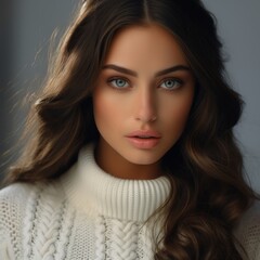 Naklejka premium Elegant Woman with Flowing Hair in a Stylish White Sweater