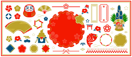 和モチーフのあしらいセット。水引や門松などのイラストやアイコンセット