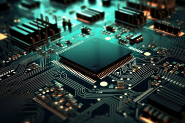 Motherboard of a computer or other electronic equipment. Close-up. Powerful multi-core processor.