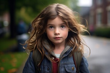 Portrait of a little girl with long hair in the street.