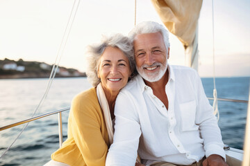 An elderly couple sits in a boat or yacht against the backdrop of the sea. Happy and smiling. They...