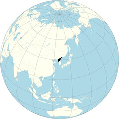 North Korea (DPRK) is positioned at the center of the orthographic projection of the global map. A country in East Asia. - obrazy, fototapety, plakaty