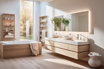 Fototapeta na wymiar Bathroom in the Scandinavian style, clean lines and a minimalist aesthetic