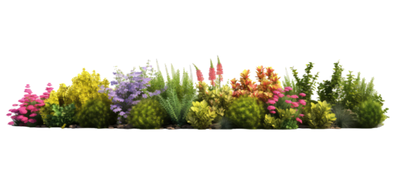 beautiful greenery and shrubbery, with small colorful flowers isolated on transparent background