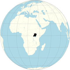 Uganda is positioned at the center of the orthographic projection of the global map. A  landlocked country in East Africa.