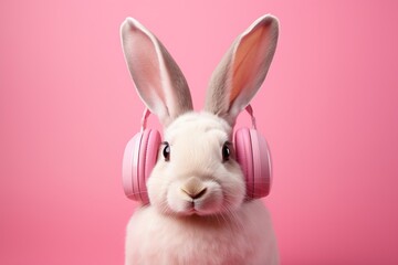 Funny rabbit in pink headphones, fluffy animal hare listening to music
