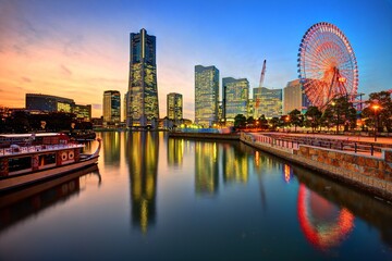 Yokohama,,Japan,Skyline,At,Minato-mirai,At,Sunset. - obrazy, fototapety, plakaty