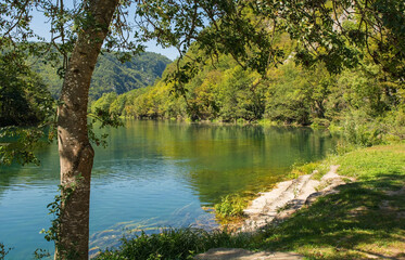 Obraz premium The River Una near Lohovo, Bihac, in the Una National Park. Una-Sana Canton, Federation of Bosnia and Herzegovina. Early September
