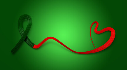3d Flag Of Portugal Heart Shaped Wavy Awareness Ribbon flag On Green Background, 3d illustration