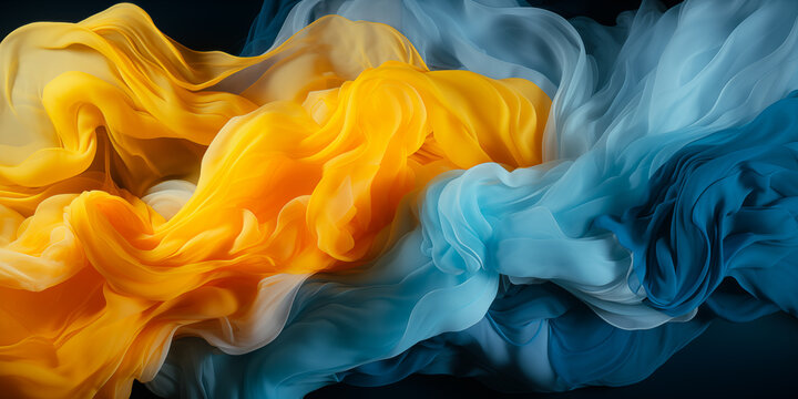 Abstract bright sky blue, yellow soft fabric wavy folds. Modern luxury satin wave drapes background. Smoke wavy texture waves material backdrop, Illustration for web, mobile copy space text by Vita