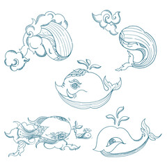 Set whale sketch , outline style , decorations, Thai art designs, sketch animal art