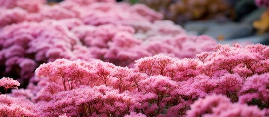 Drought-resistant pink sedum blooms in autumn at Eastcote House garden in London, UK. - obrazy, fototapety, plakaty