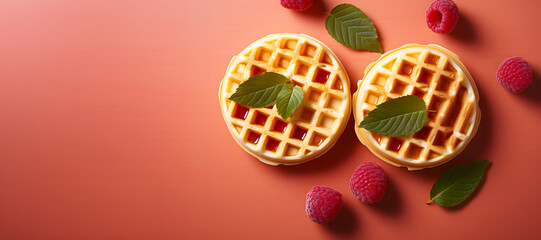 soft waffles with raspberries on a pink background, top view, flat layout. sweet dessert.