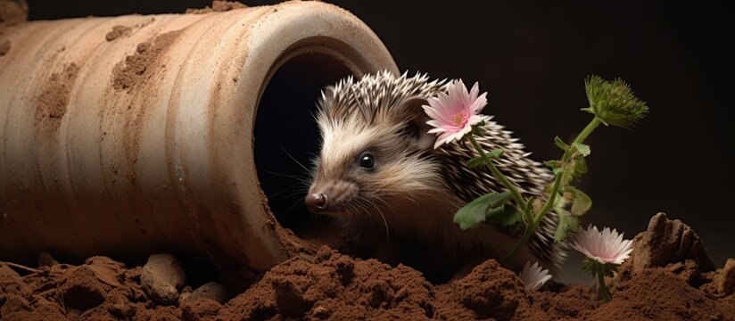 European hedgehog coming out of clay pipe with flowers, empty space, horizontal.