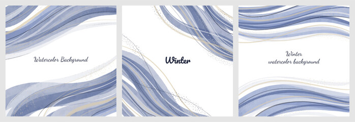 Triptych of winter watercolor posters. Delicate cards and backgrounds for wedding invitations. Blue waves style with copy space for text. - obrazy, fototapety, plakaty