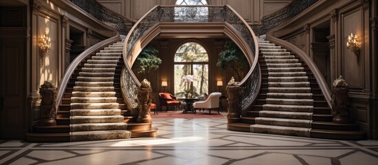 Luxury home's entrance and staircase. - obrazy, fototapety, plakaty