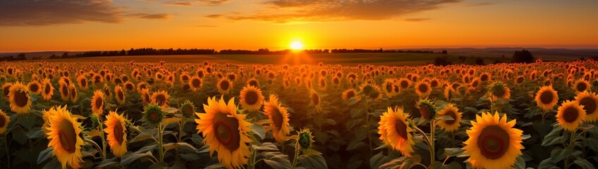 Obraz premium Sunflowers with a backdrop of a setting sun casting golden hues.