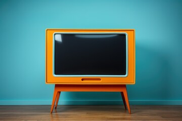 an orange tv sitting on top of a wooden stand on top of a hard wood floor next to a blue wall.