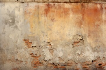  a red fire hydrant sitting in front of a wall with peeling paint and chipping off the side of it.