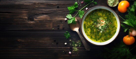 French vegetable soup with basil sauce pesto and herbs, served in a white bowl on a dark wooden table with a spoon, flat lay, free space. Vegetarian minestrone. - obrazy, fototapety, plakaty