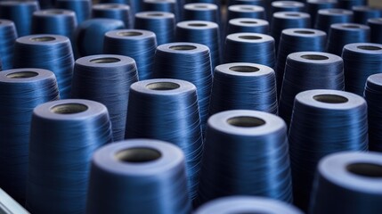  rows of blue spools of thread sitting next to each other on a conveyor belt in a factory.