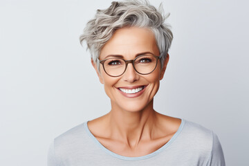 A woman with glasses with a stylish hairstyle, a blue shirt Highlighted on a white background - obrazy, fototapety, plakaty