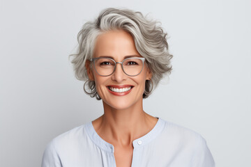Photo portrait of a handsome 40+ old mature woman smiling with clean teeth. For a dental ad