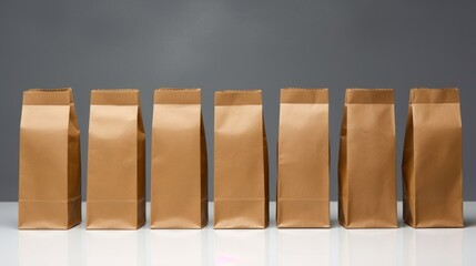  a row of brown paper bags sitting on top of a white table next to a black and white photo of the same bag.