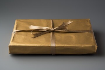 a gold wrapped gift box with a brown ribbon and a bow on the top of the box is sitting on a gray surface.