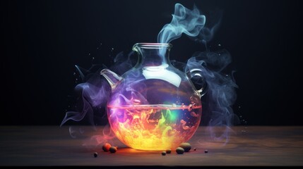 a glass vase filled with liquid sitting on top of a table next to a bowl with smoke coming out of it.