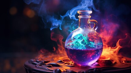  a glass bottle filled with liquid sitting on top of a table covered in fire and blue and red smokes.