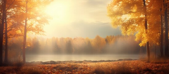 Magical autumn forest with warm colors and mist-filled sunlight.
