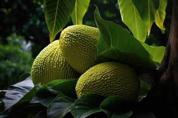 Jackfruit with leaves - obrazy, fototapety, plakaty