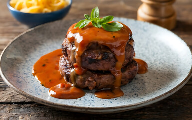 Capture the essence of Salisbury Steak in a mouthwatering food photography shot Generative AI - obrazy, fototapety, plakaty